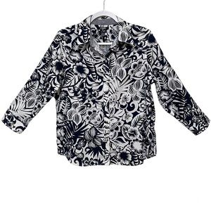 Chaps No Iron Floral Tropical Button Down Shirt Preppy Hawaiian Navy Blue Size L